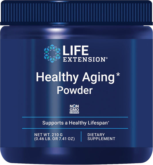 Blue container of Life Extension Healthy Aging Powder on a white background