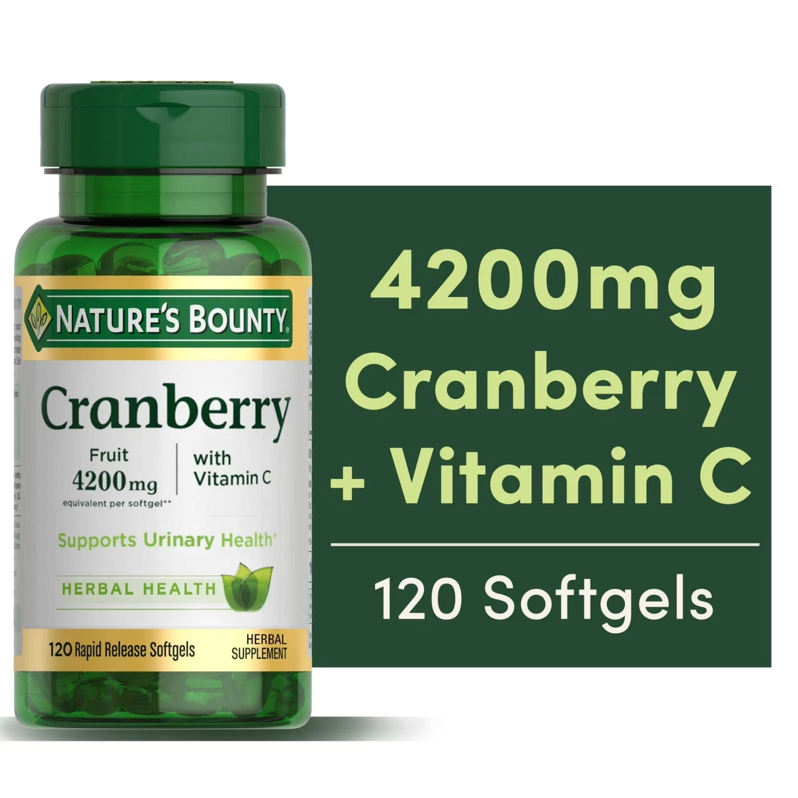 Nature's Bounty Cranberry + Vitamin C supplement bottle with text on a white background