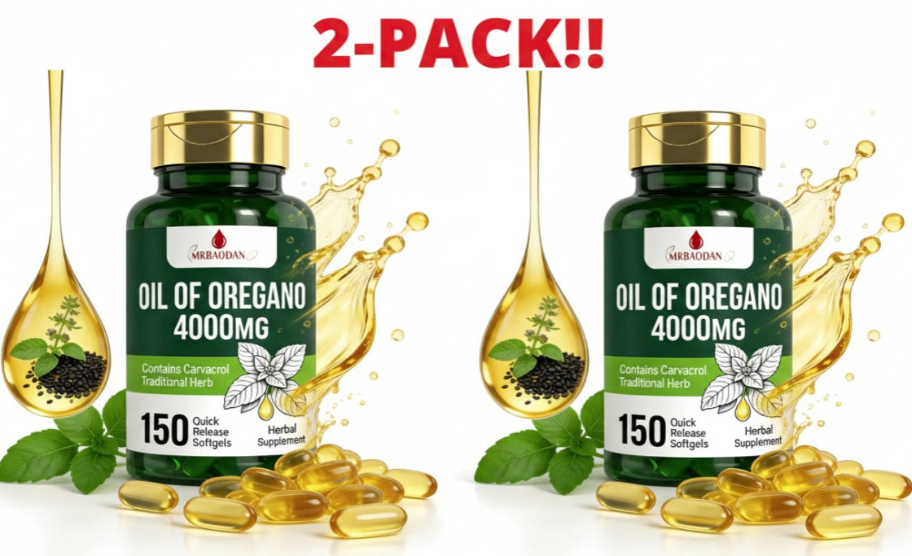 Two bottles of Oil of Oregano 4000MG with capsules and oregano leaves on a white background.