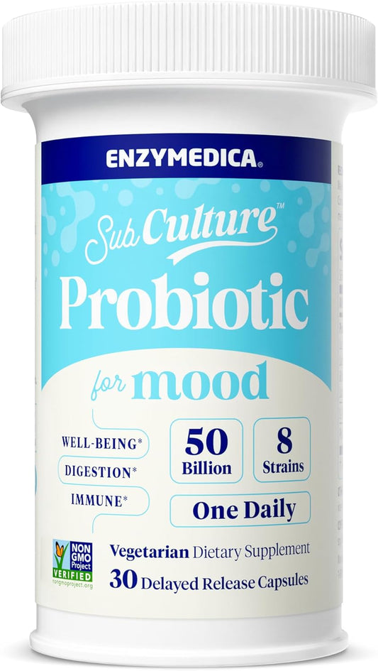 Enzymedica Sub Culture Probiotic for mood supplement container on a white background