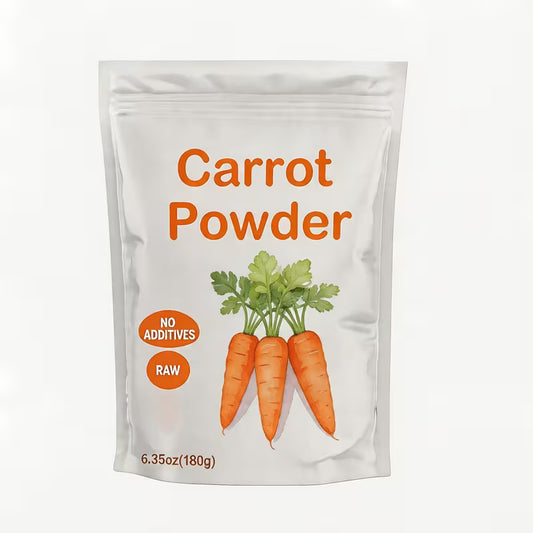 Package of carrot powder with carrots and 'No Additives' text on a white background