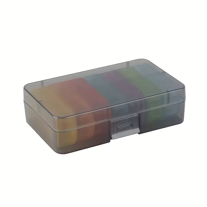 Clear rectangular box with colorful items inside on a white background