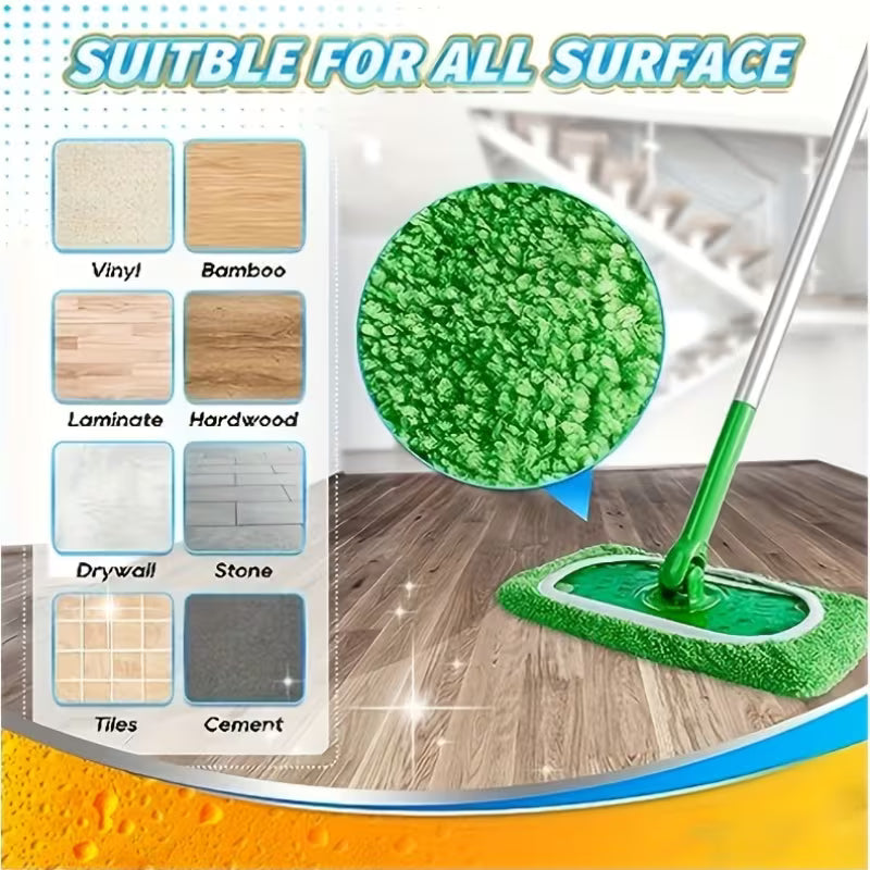 Green cleaning pad with text 'Suitable for all surface' and images of various flooring types.