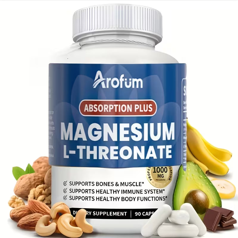 Arofum Magnesium L-Threonate supplement bottle with health benefits listed, surrounded by fruits and nuts.