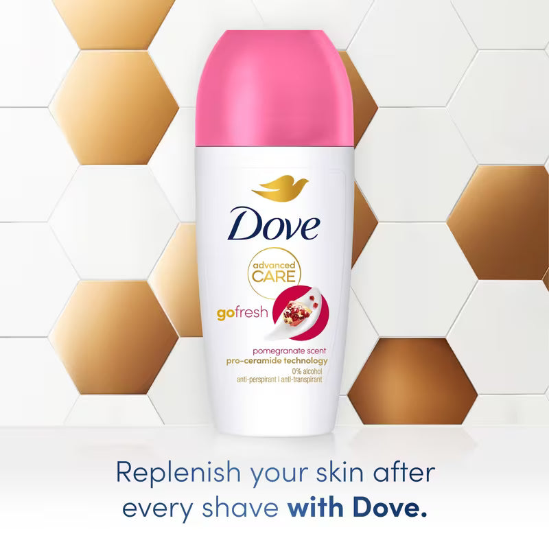 Dove deodorant bottle with pink cap on a geometric patterned background