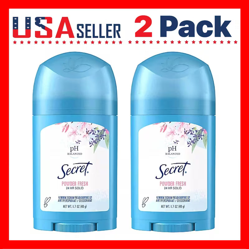 Two bottles of Secret Powder Fresh solid deodorant on a white background with red border and text.