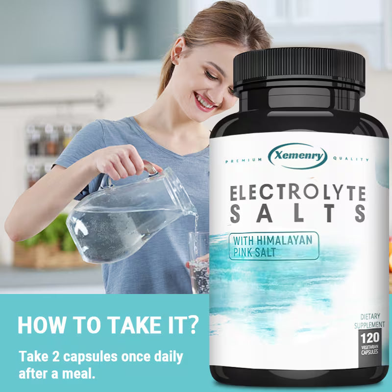Woman pouring water into a glass with a bottle of Xemenry Electrolyte Salts in the foreground.