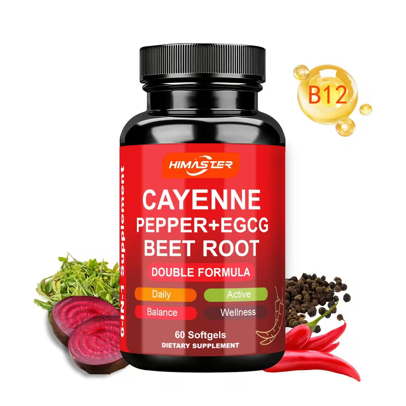 Supplement bottle labeled 'Cayenne Pepper + EGCG Beet Root' with ingredients on a white background