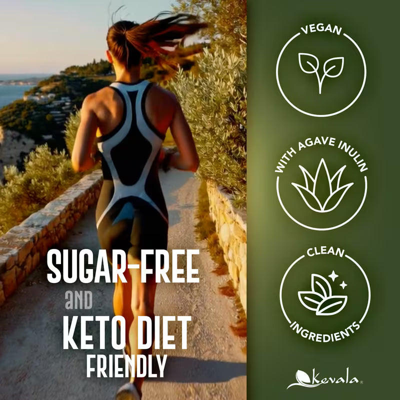 Woman running on a path with a scenic view, featuring vegan, agave inulin, and clean ingredients icons, and text about sugar-free and keto diet friendly product.
