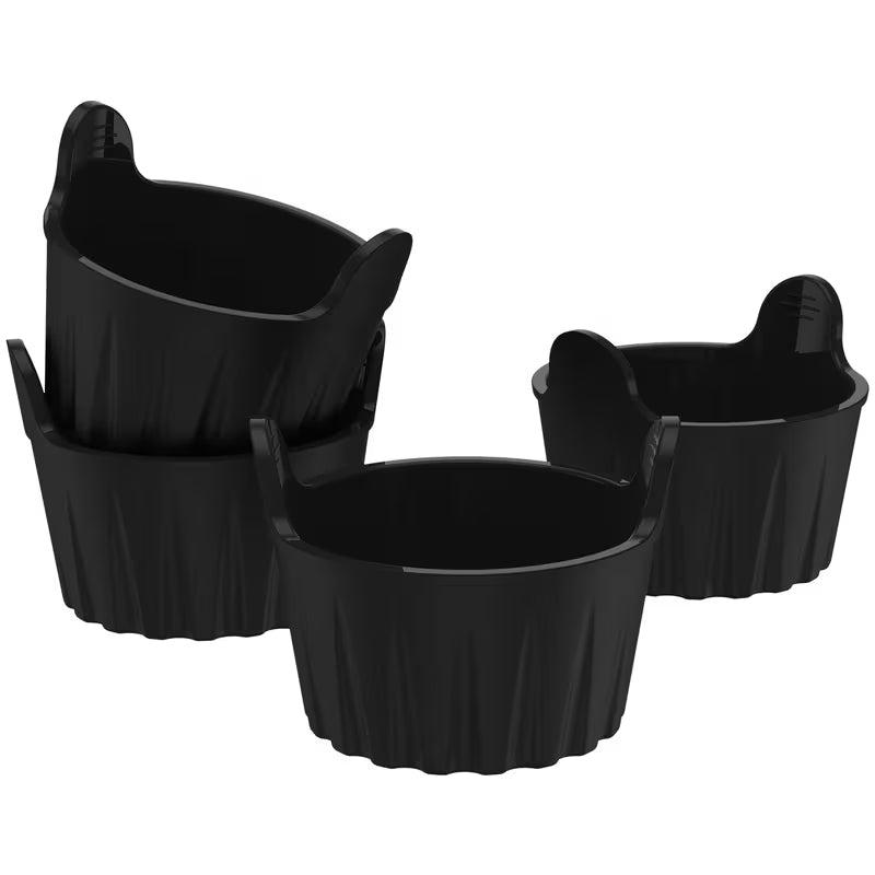 Set of four black plastic buckets on a white background