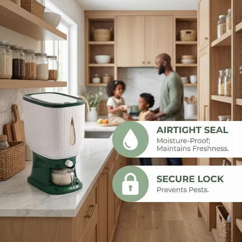 Family in a kitchen with a food storage container, emphasizing airtight seal and secure lock features.