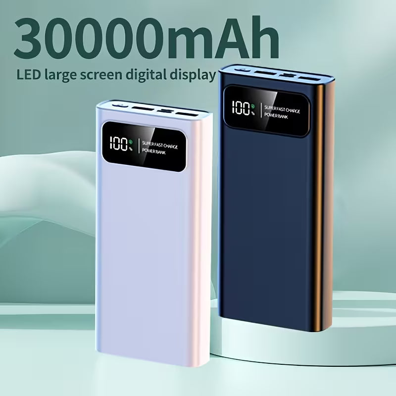 Two power banks with digital displays on a light green background