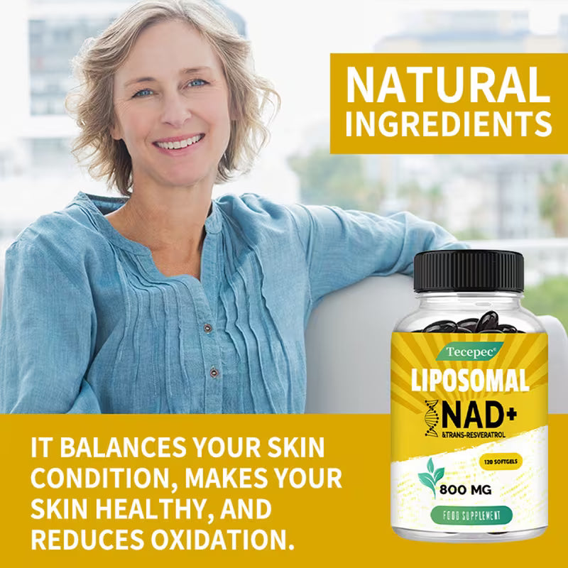 Woman with a bottle of Teepco Liposomal NAD+ supplement on a yellow background