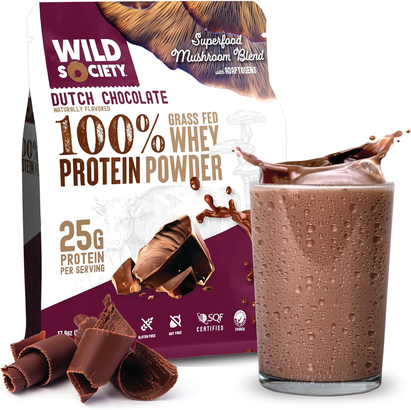 Wild Society Dutch Chocolate protein powder package with a glass of chocolate milkshake.