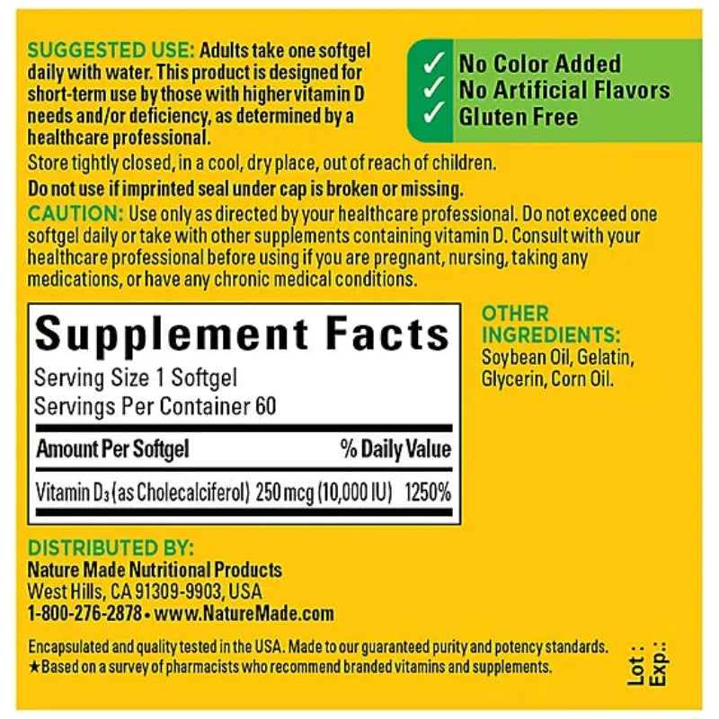 Nature Made Maximum Strength Vitamin D3 10000 IU 250 mcg Softgels - 60 Count Nature Made Maximum Strength Vitamin D3 10000 IU 250 mcg Softgels - 60 Count