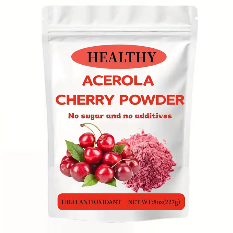 Package of healthy acerola cherry powder with images of cherries and powder on a white background.