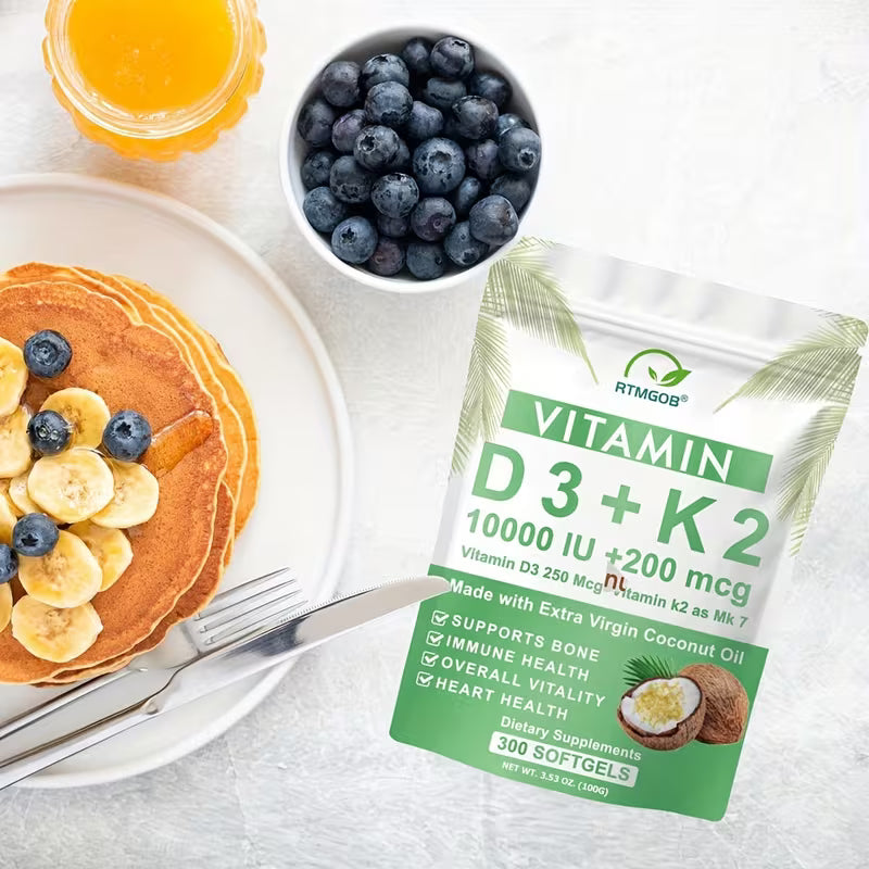 Vitamin K2 D3 Supplement 300 Softgels | 10,000 IU D3 + K2 Peaceful Pleasures