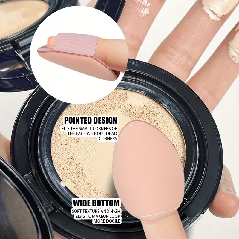 Makeup compact with pointed design and wide bottom, held by a hand.