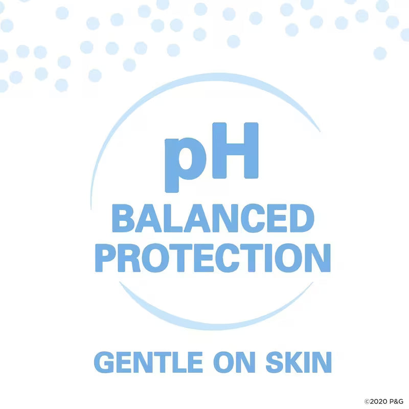 Text 'pH Balanced Protection, Gentle on Skin' with a blue circle on a white background