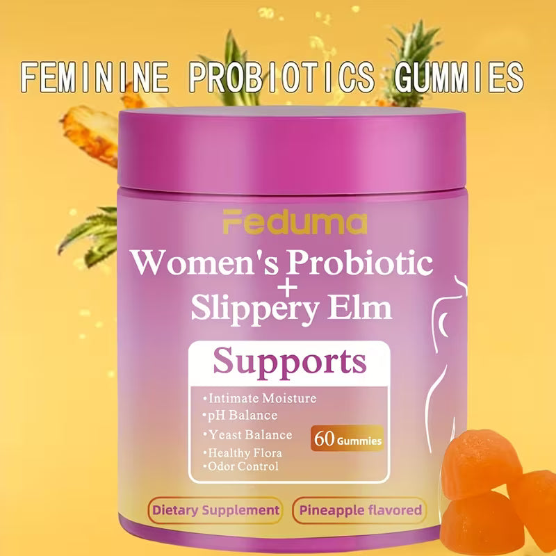 Feduma Women's Probiotic Slippery Elm gummies container on a yellow background with gummies and pineapple slices.