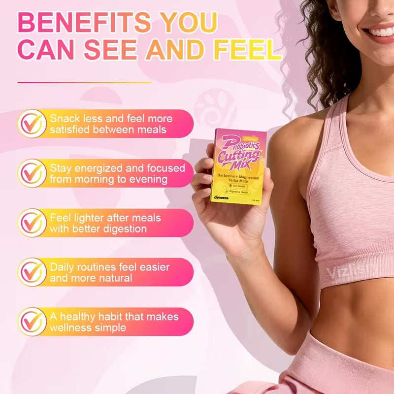 Woman holding a package of Probiotics Cutting Mix with text listing benefits on a pink background
