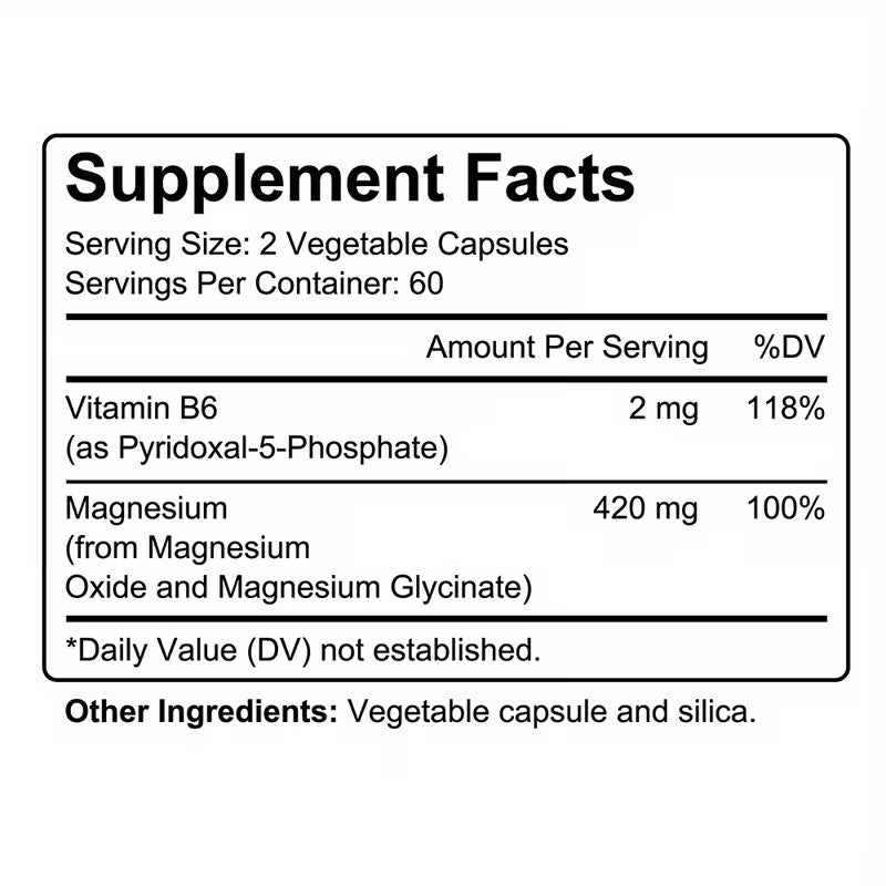 Supplement facts label for a product with Vitamin B6 and Magnesium on a white background