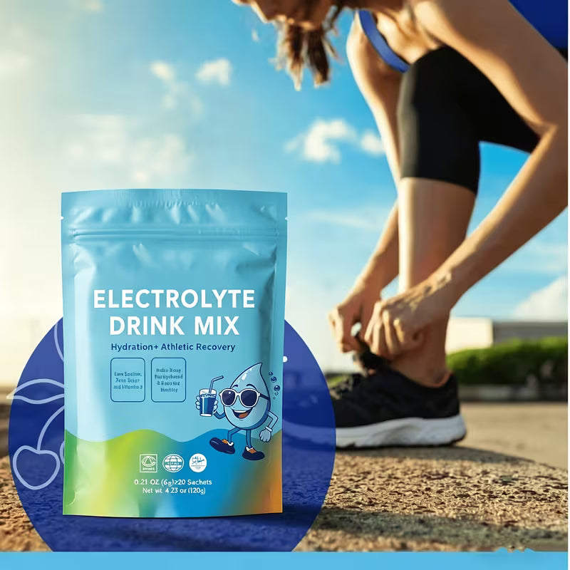 Electrolyte drink mix package with a person tying shoelaces outdoors.
