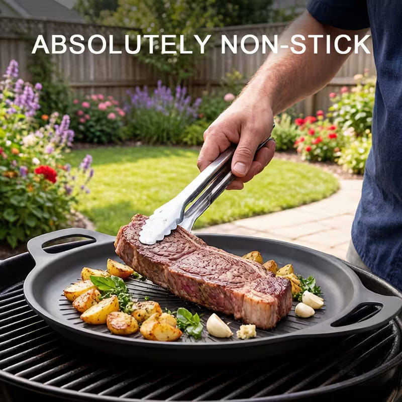 BBQ Griddle Pan with Dual-Handle & Oil Drain Groove Peaceful Pleasures
