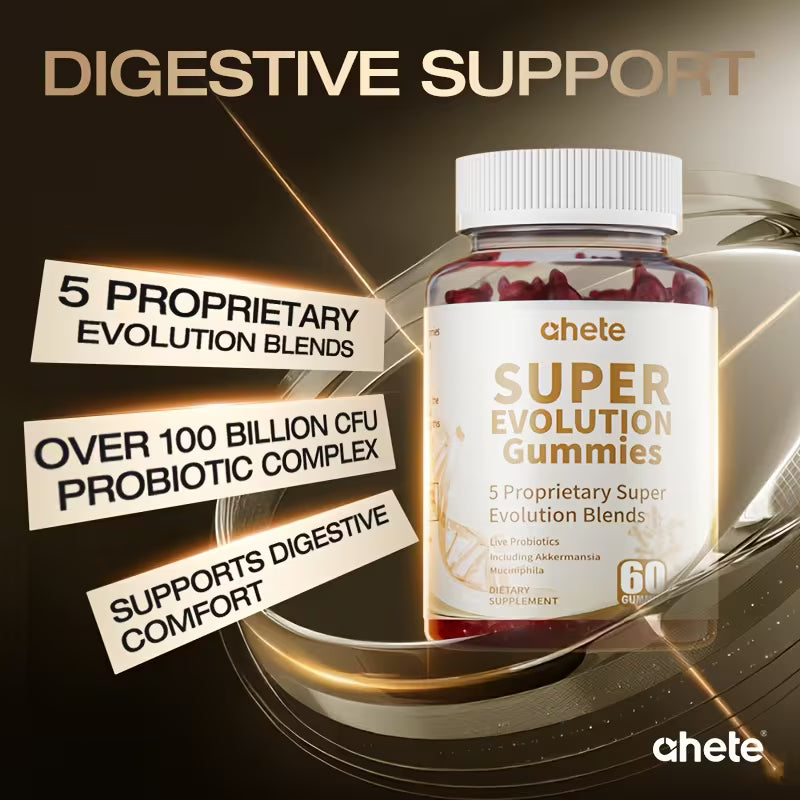 Supplement bottle labeled 'Super Evolution Gummies' with text highlighting digestive support on a dark background.