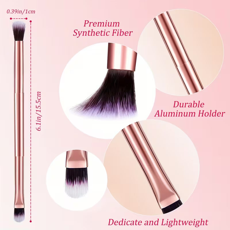 Makeup brush with synthetic fiber and durable aluminum holder on a pink background