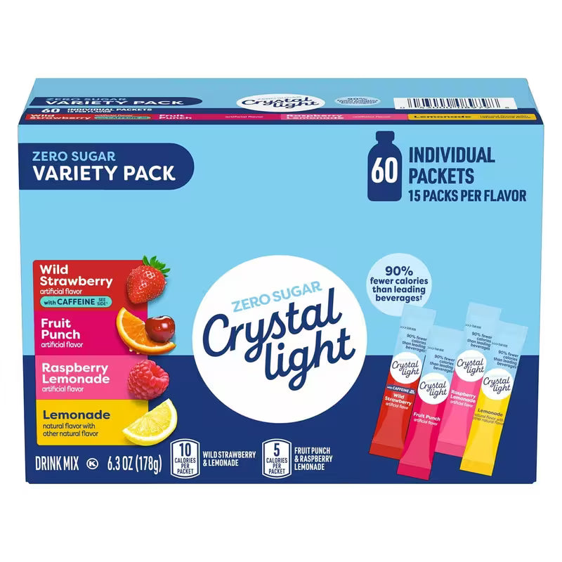 Box of Crystal Light zero sugar variety pack on a white background