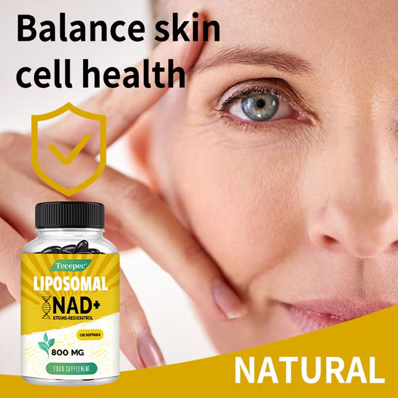 Supplement bottle labeled 'Liposomal NAD+' with a woman's face and text about skin cell health.