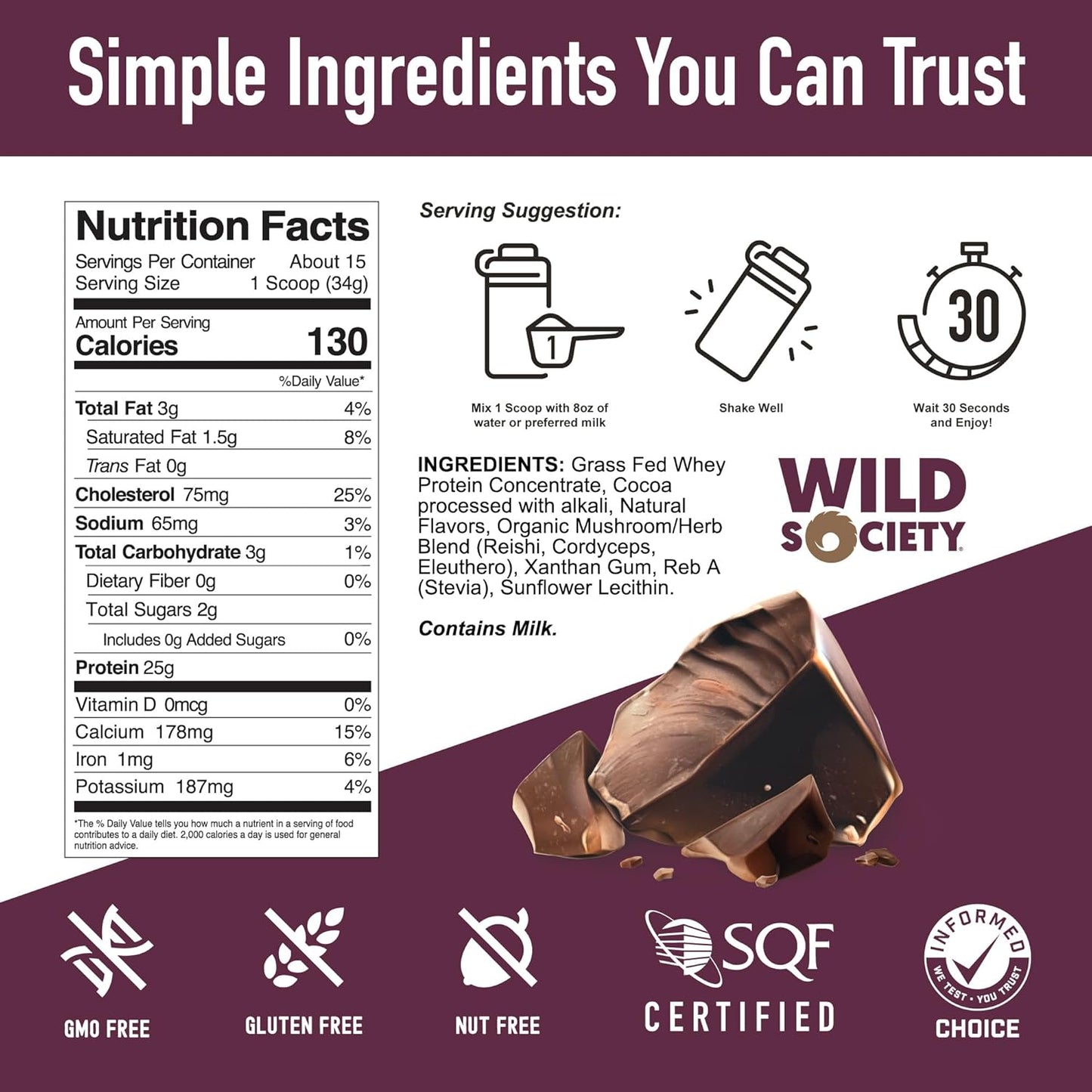 Nutrition label and product information for a protein powder with Wild Society branding on a purple background.