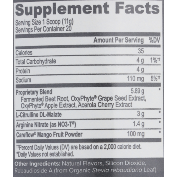 Supplement facts label with detailed nutritional information on a gray background