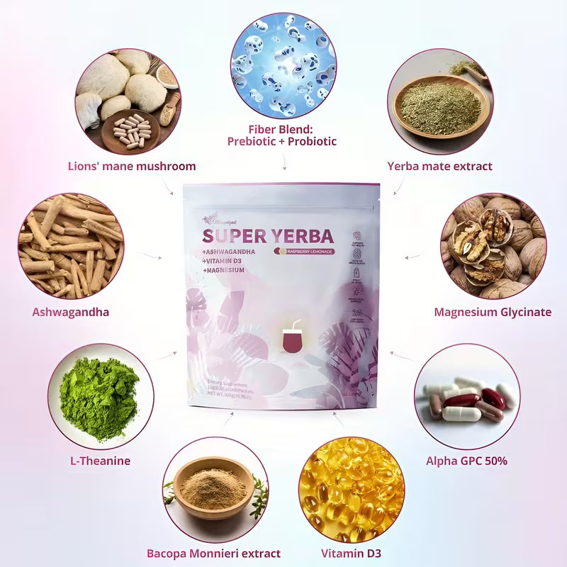 Super Yerba supplement packaging with various ingredients displayed around it on a light pink background.