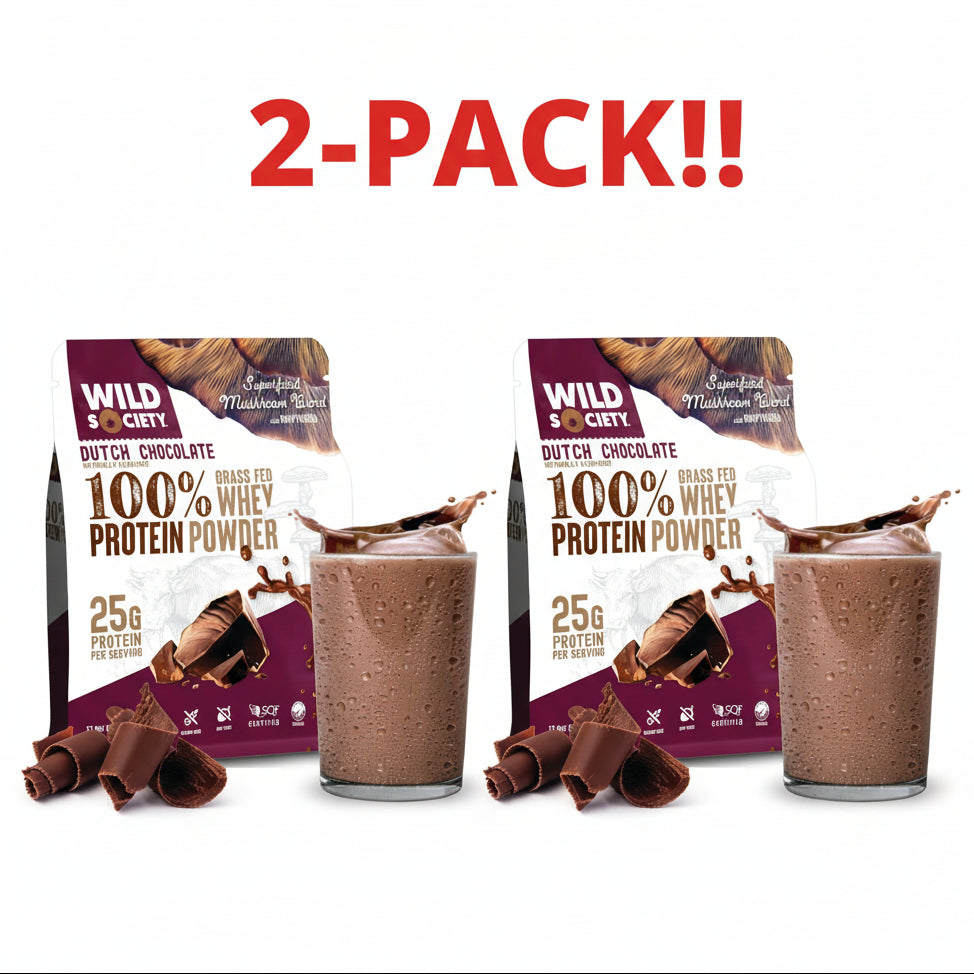 Two packages of Wild Society Dutch Chocolate 100% Whey Protein Powder with two glasses of chocolate protein shake on a white background.