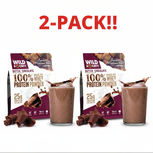 Two packages of Wild Society Dutch Chocolate 100% Whey Protein Powder with two glasses of chocolate protein shake on a white background.