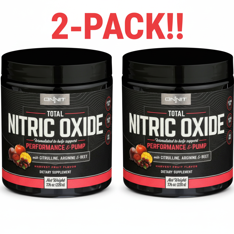 Two containers of Onnit Total Nitric Oxide supplement with a '2-Pack!!' text above.