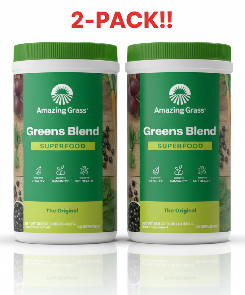 Two containers of Amazing Grass Greens Blend Superfood on a white background