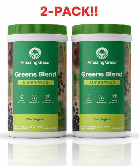 Two containers of Amazing Grass Greens Blend Superfood on a white background