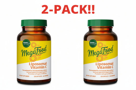 Two bottles of MegaFood Liposomal Vitamin C on a white background with '2-Pack!' text above.