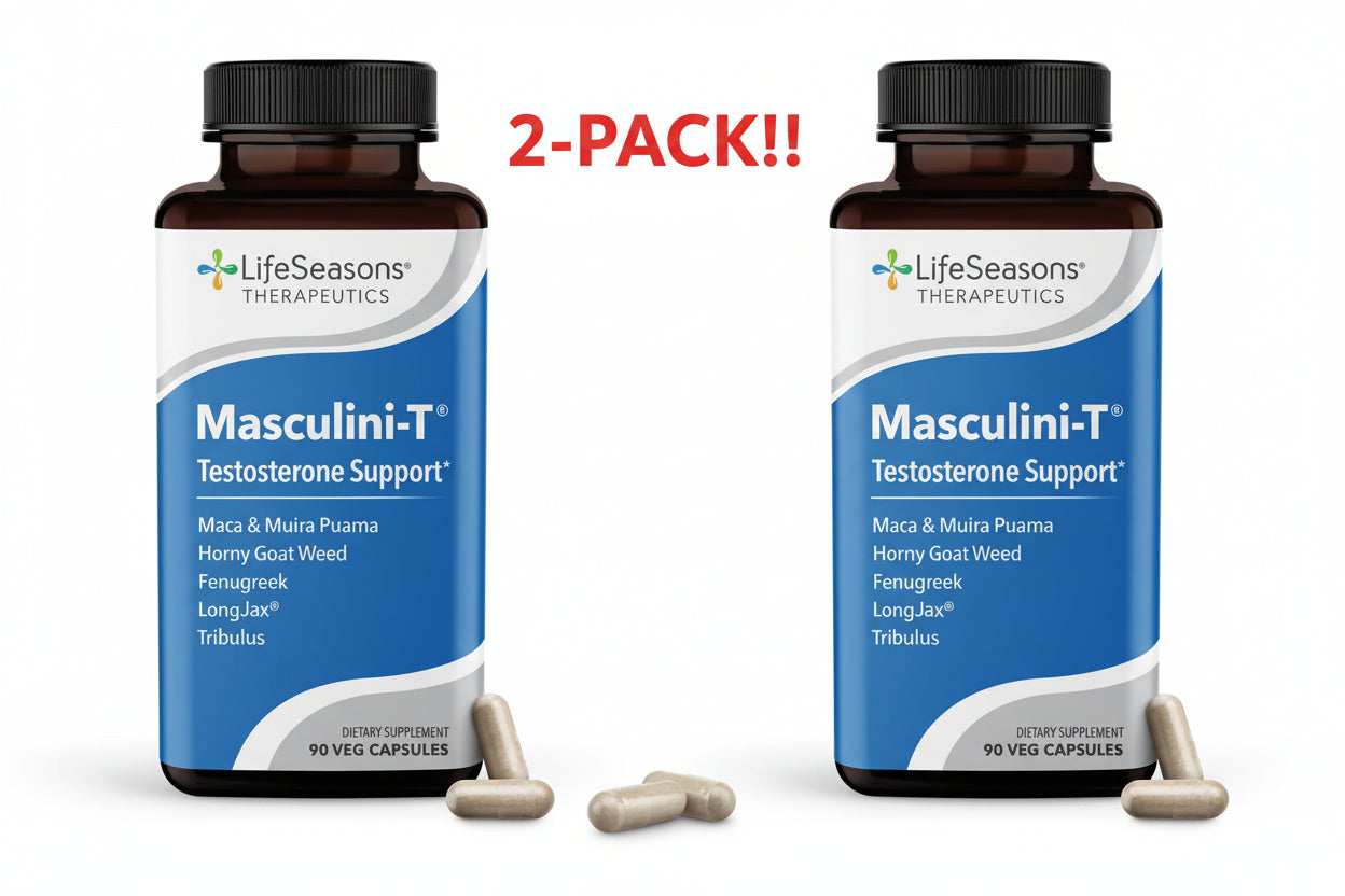 Two bottles of LifeSeasons Therapeutics Masculini-T Testosterone Support supplement on a white background.