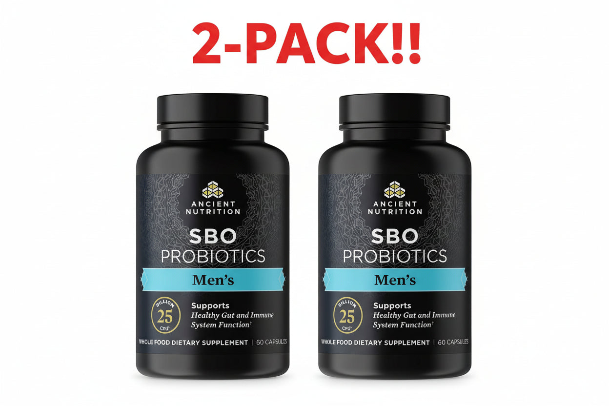 Two bottles of Ancient Nutrition SBO Probiotics for men on a white background with '2-Pack!' text.