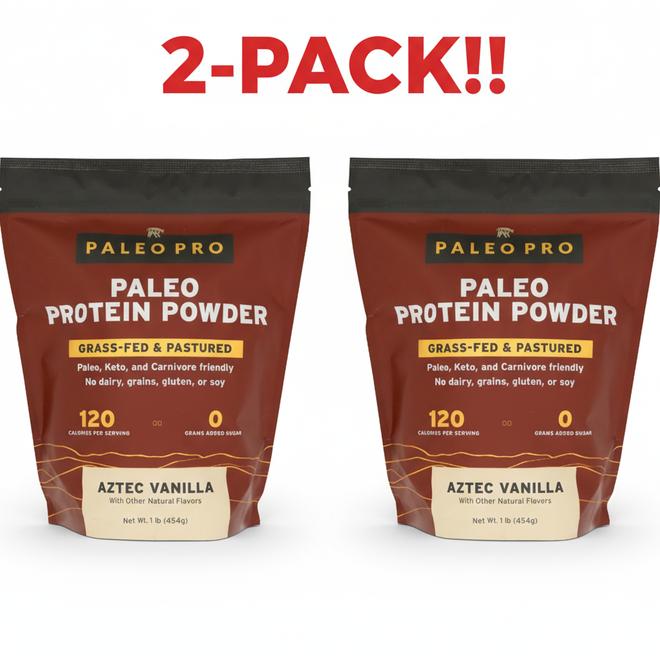 Two packs of Paleo Pro Aztec Vanilla protein powder on a white background with '2-Pack!!' text above.