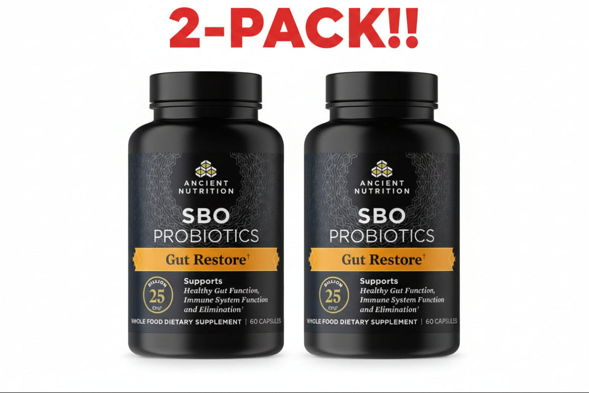 Two bottles of Ancient Nutrition SBO Probiotics Gut Restore on a white background with '2-Pack!!' text.