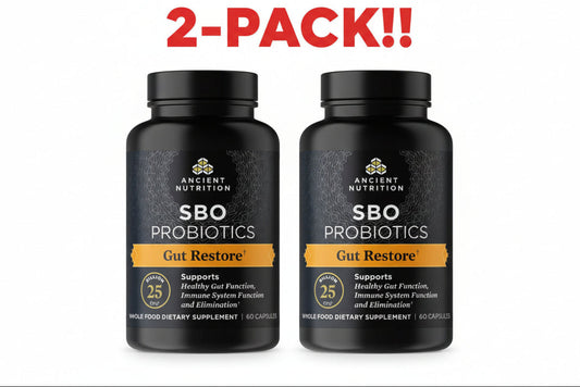 Two bottles of Ancient Nutrition SBO Probiotics Gut Restore on a white background with '2-Pack!!' text.