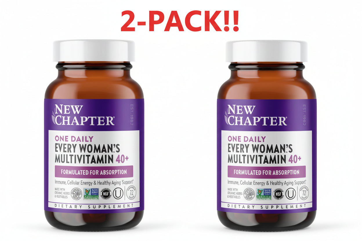 Two bottles of New Chapter Every Woman's Multivitamin 40+ on a white background with '2-Pack!!' text above.