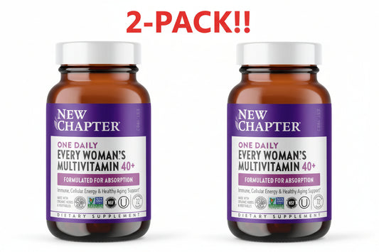 Two bottles of New Chapter Every Woman's Multivitamin 40+ on a white background with '2-Pack!!' text above.