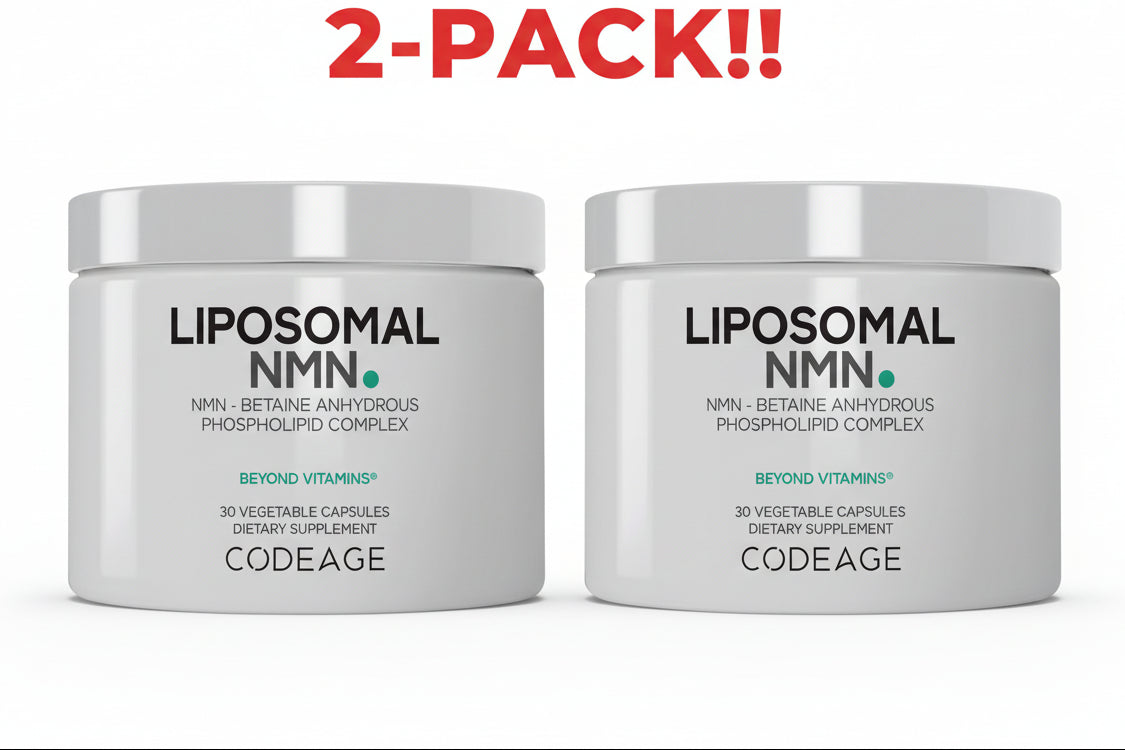 Two jars of Liposomal NMN supplement with '2-Pack!' text on a white background