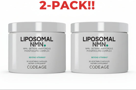 Two jars of Liposomal NMN supplement with '2-Pack!' text on a white background
